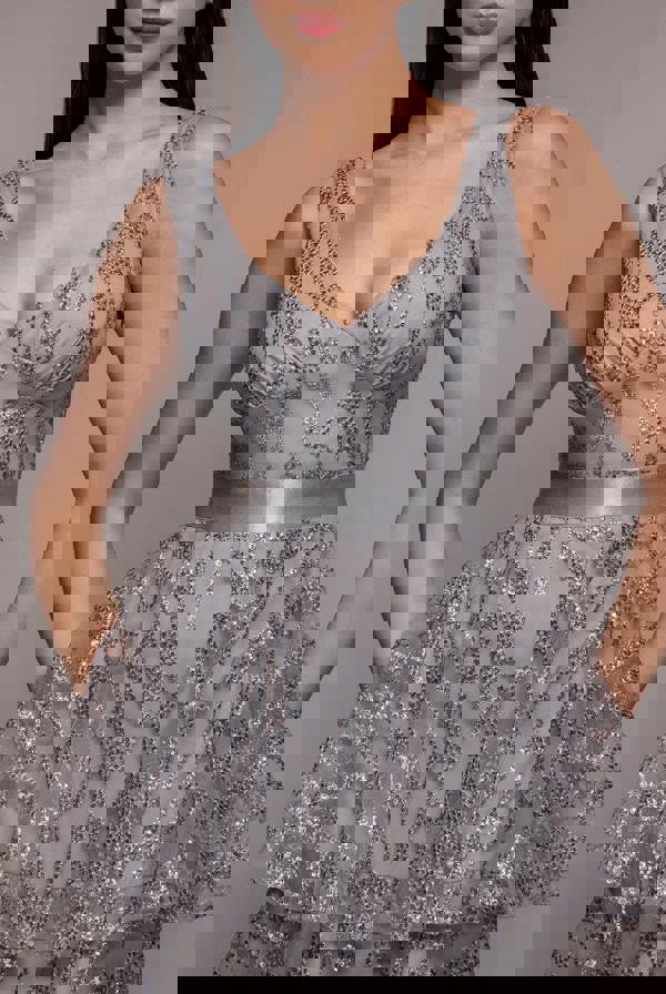 Embroidered Mesh Tiered Midi Dress - Grey DR3812