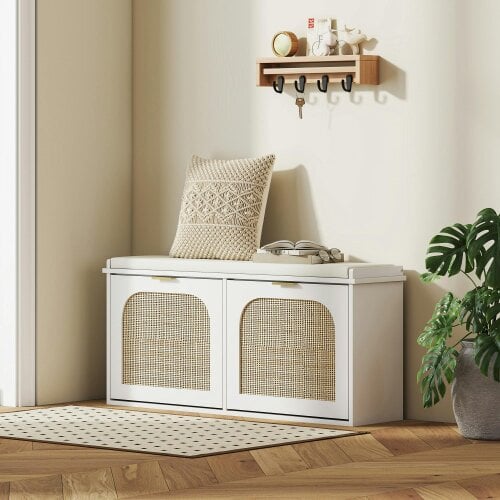 Wyld Haus Hano Wooden White Boho Style Shoe Bench With Cushioned Seat And 2 Flip Drawers