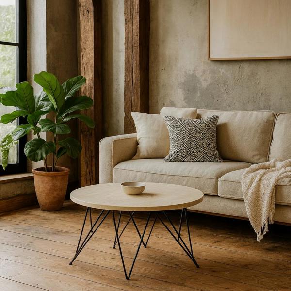 Wyld Haus Toulouse Round Beige Marble Effect Coffee Table Black Steel Base