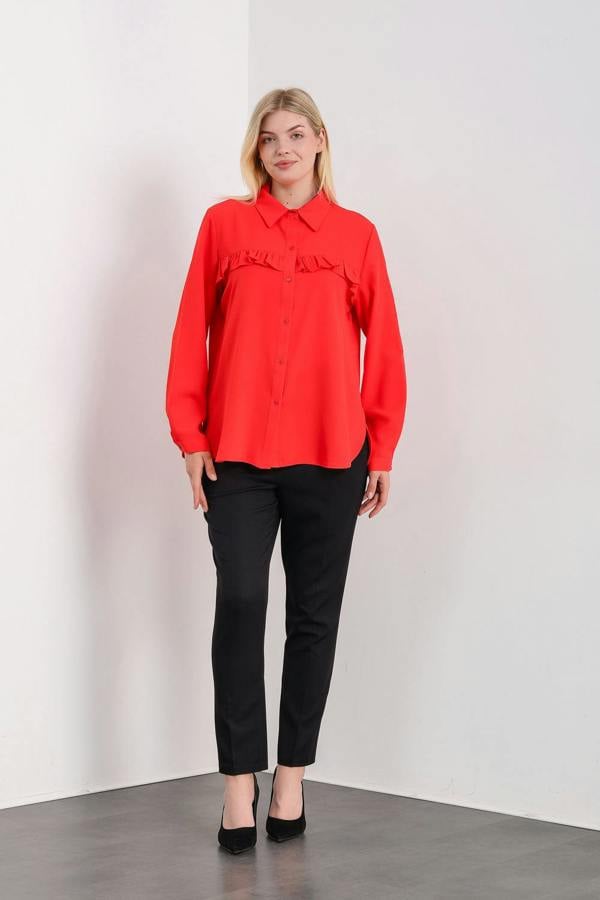 Hoxton Gal Oversized Frill Detailed Long Sleeves Blouse Shirt in Red