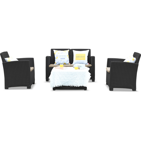 Centurion Supports SANTANA 4 Piece PE Rattan 4-Seater with Cushions Garden Furniture and Coffee Table Set in Black