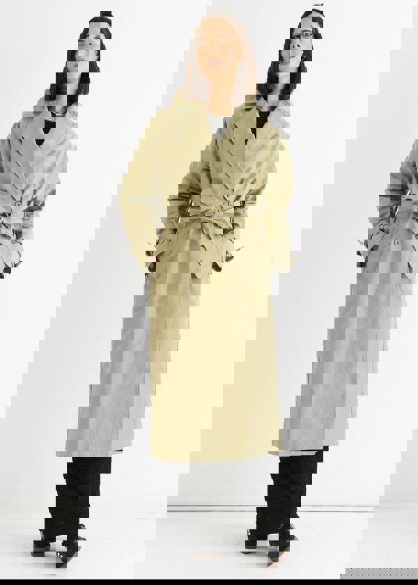 Gini London Sage Green Double Breast Longline Belted Trench Coat