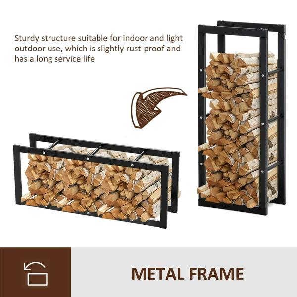 Black metal firewood rack frame with horizontal supports and hinged side panels