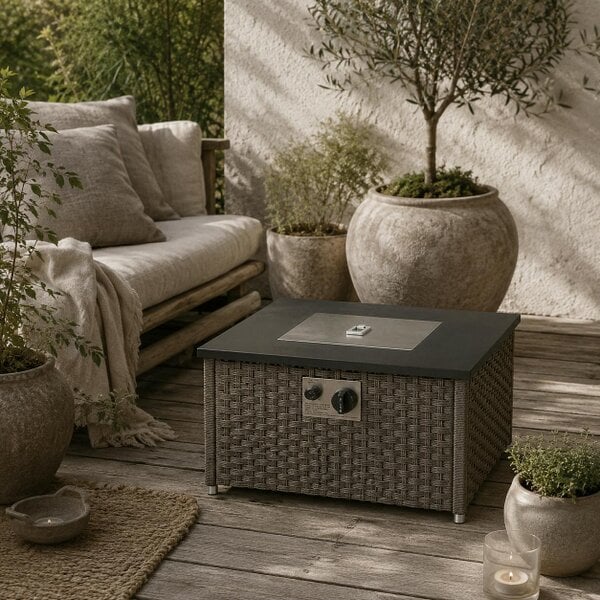Wyld Haus Lenaro Rattan Grey Square Gas Fire Pit Coffee Table 13 kW With Lid 58 x 58 x 33 cm