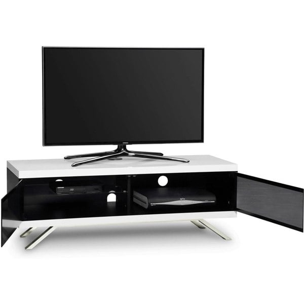MDA Designs TUCANA 1200 HYBRID Black White TV Stand BeamThru Remote-Friendly Doors up to 60" Flat Screen TVs Media Cabinet
