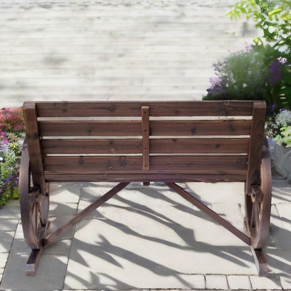 Rafaelo Mobilia Wooden 2 Seater Wagon Wheel Outdoor Bench Rustic Brown