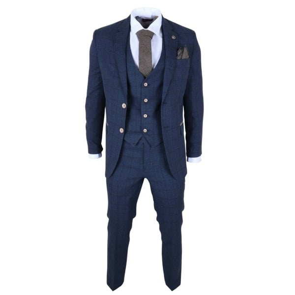 TruClothing IM11 - Men's Navy 3 Piece Plaid Check Suit