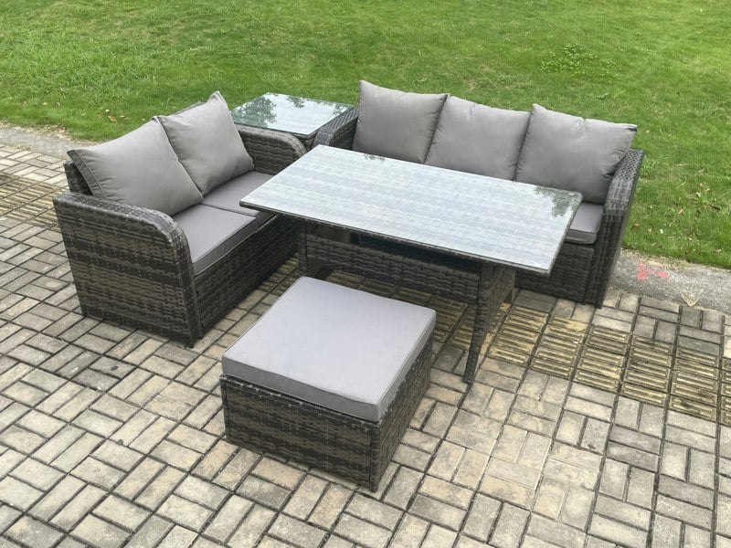 Fimous Outdoor Garden Patio Furniture Wicker Rattan Oblong Rectangular Dining Table and Lounge Sofa set with Side Table Big Footstool Dark Grey Mixed