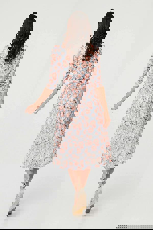 Orange | Floral 3/4 Sleeve Pleat Midi Wrap Dress