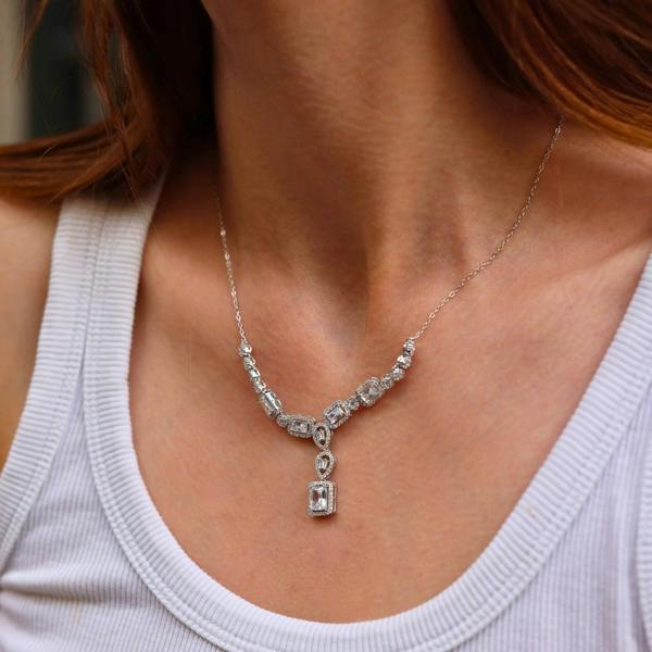 Spero London Elegant Y Sterling Silver Necklace with Emerald-Cut & Teardrop Gemstones