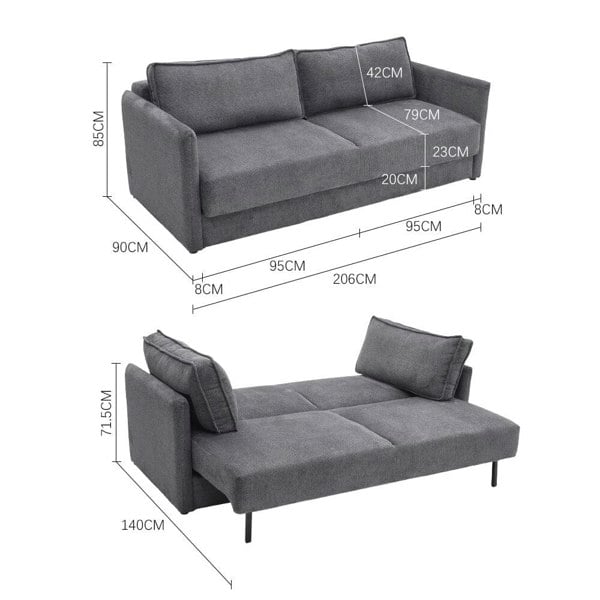 Grey 3-Seater Sleeper Sofa Bed polyester/corduroy Living and Home 