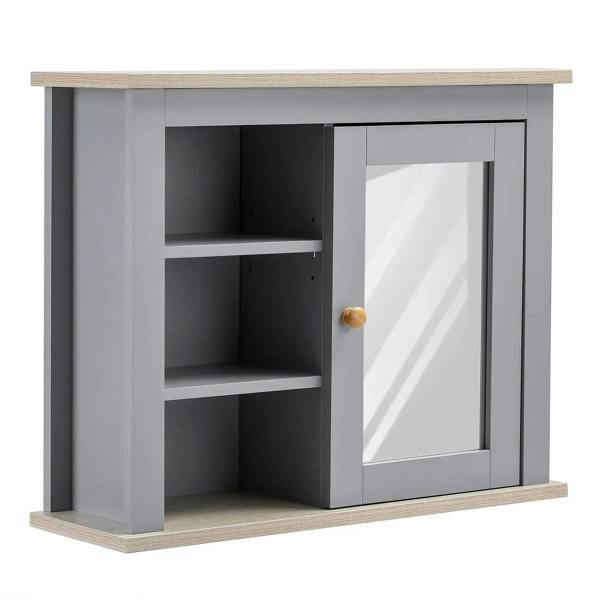 Grey wall mirror cabinet with hinged door, showing open storage shelves and pine trim