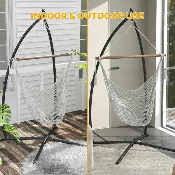 Black metal hammock chair stand with woven sling hammock and hanging chain