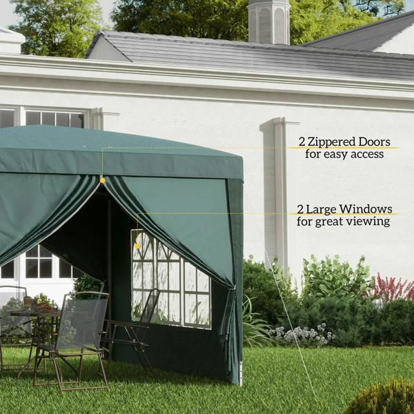 Green gazebo with two zippered doors and large window panels