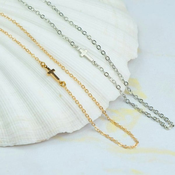 The Colourful Aura Silver and Gold Sideways Dainty Cross Minimalist Choker Necklace