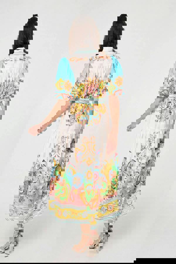 Beige | Abstract Border Tie Waist Midi Dress