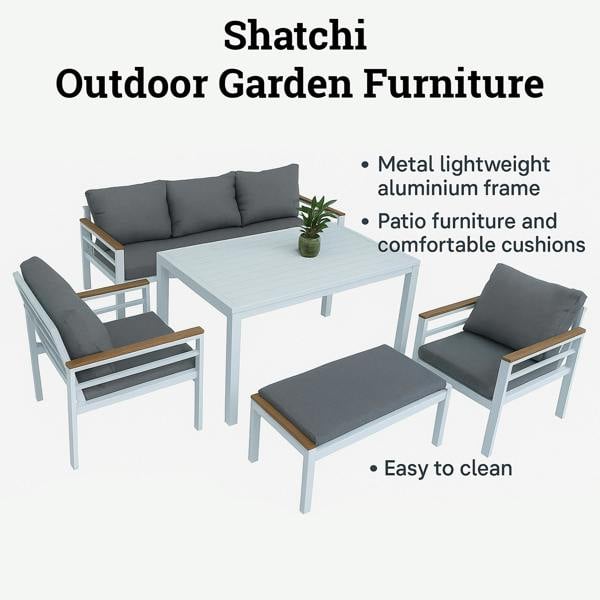 Shatchi 5-Piece Aluminium Outdoor Sofa Set with Bench, Table & Cushions