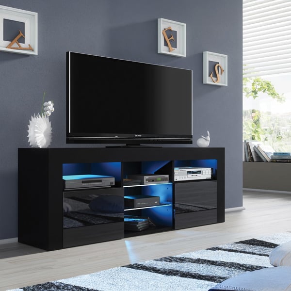 Mex Furniture Stylish 145cm Modern TV Unit with Black Gloss Doors and Spacious Cabinet Storage