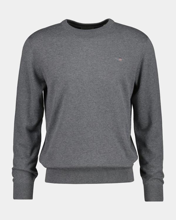 GANT Mens Classic Cotton Shield Logo Crew Neck Jumper - 92 Dark Grey Melange | CHO | Designer Mens Crew Neck Jumpers