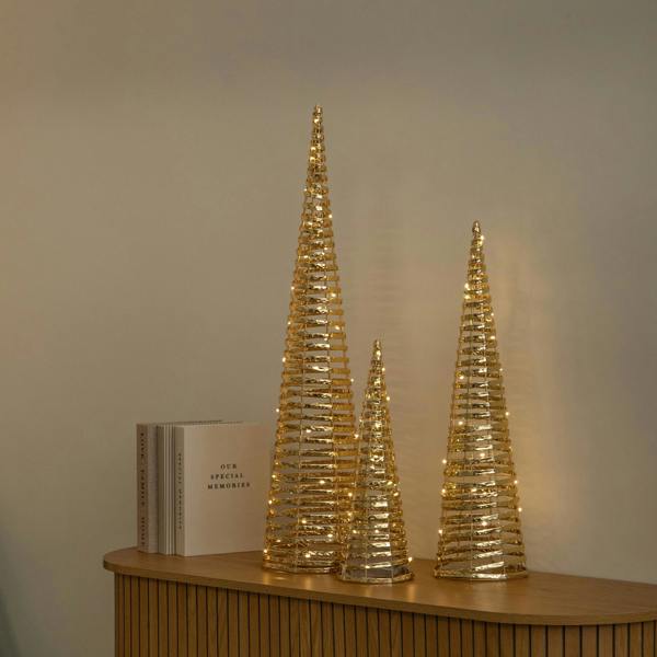 Samuel Alexander Set of 3 Light Up Gold Braid Christmas Cone Trees with Warm White LEDs