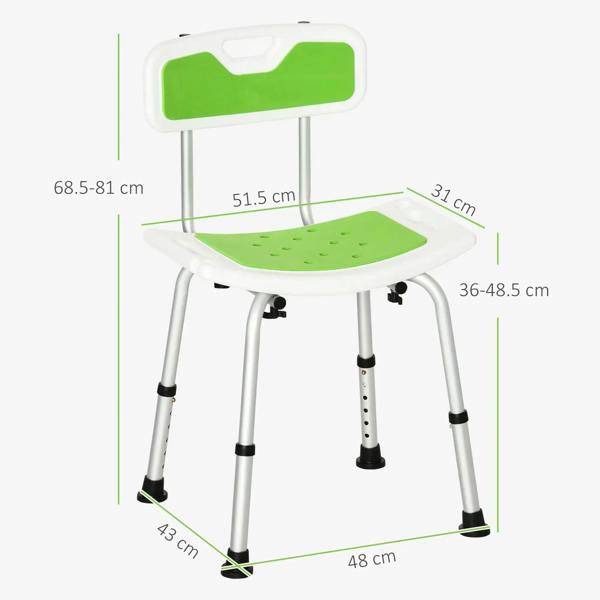 Green shower stool with backrest, perforated seat, adjustable-height legs (size guide shown).