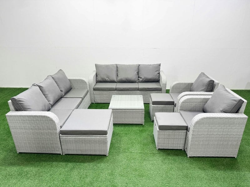 Fimous PE Rattan High Back Lounge Sofa Set Patio Square Coffee Table & Chairs Set with 3 Seater Sofa Reclining Chair 3 Stools Light Grey