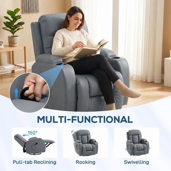 Massage Recliner Armchair, PU Leather Recliner Chair, Grey