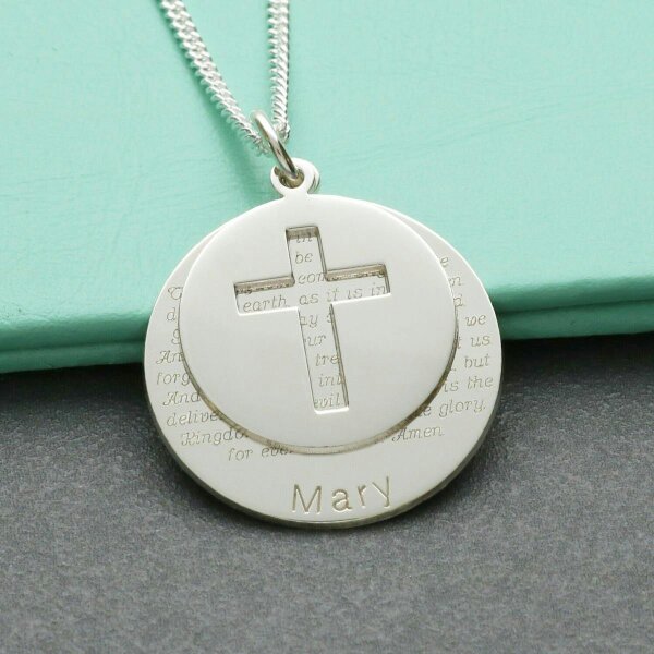Christopher James of London Sterling Silver Personalised Cross Disc Necklace With The Lord's Prayer & Optional Engraving
