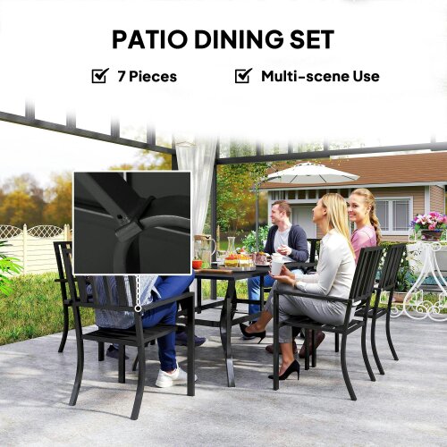 Wyld Haus Suri Metal Black 6 Seater Outdoor Dining Table And Chairs Set With Parasol Hole
