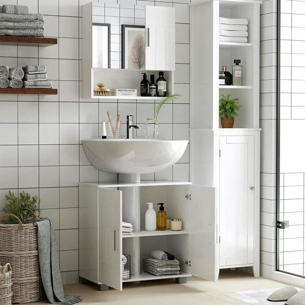 White bathroom mirror cabinet with open door showing multiple storage compartments