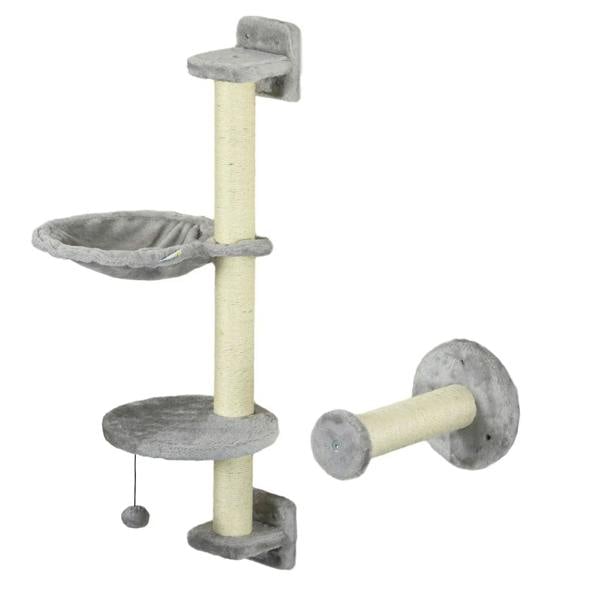 Grey wall-mounted cat tree with stacked perches, hammock, and scratching post arm