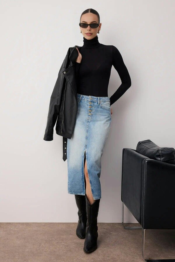 WOVCOR Button Front Split Midi Denim Skirt