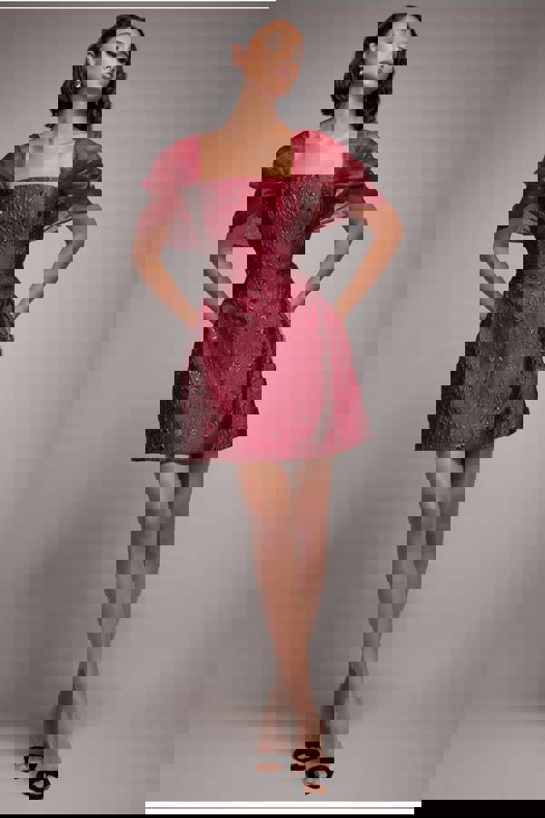 Lace Up Jacquard Mini Dress With Organza Wings - Burgundy Red DR4781