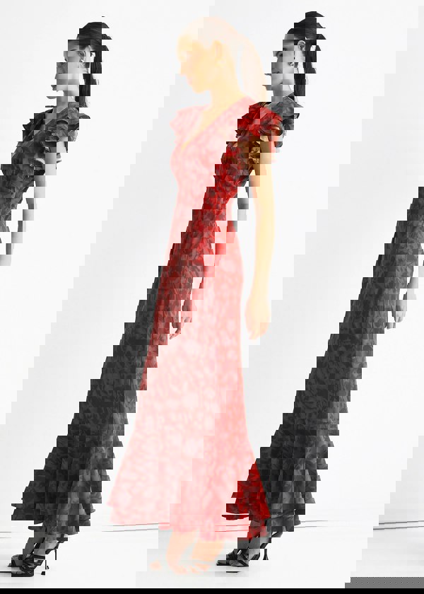 Gini London Red V Neck Floral Print Ruffle Maxi Dress