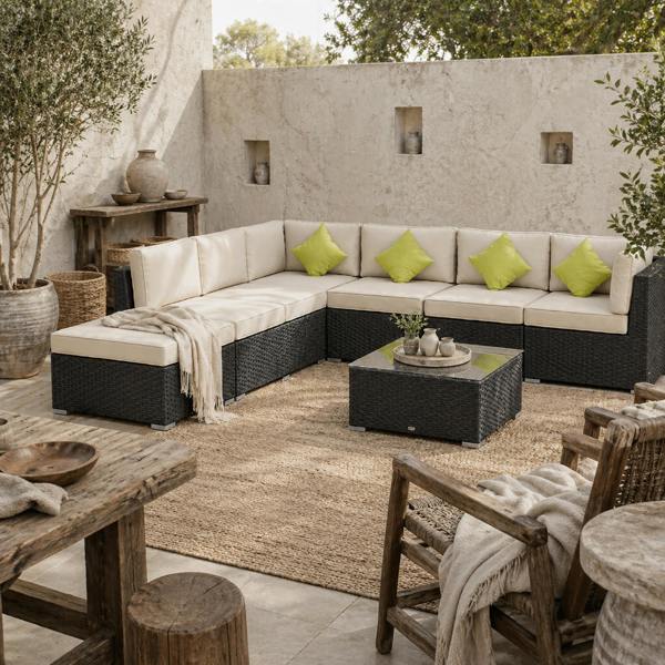 Wyld Haus Dobazi  Mixed Brown Rattan 6 Seater Corner Sofa Set With Cushions And Glass Coffee Table