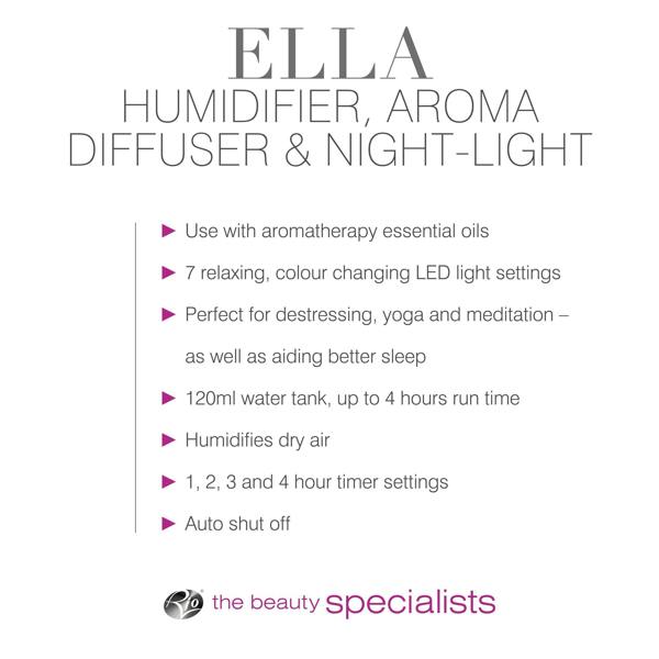 Promotional image for Rio’s ELLA Aroma Diffuser, Humidifier & Night-Light shows aromatherapy use, LED lighting, timer, air humidification, large water tank and auto shut-off—ideal for a soothing atmosphere. Rio logo displayed at the bottom.