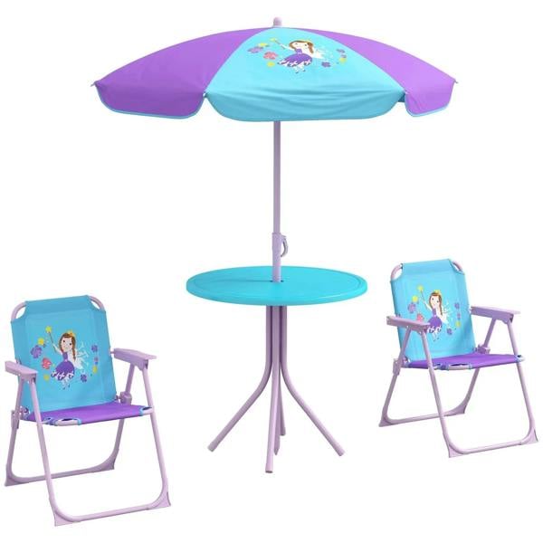 Kids fairy-themed outdoor table with purple parasol and two blue foldable chairs