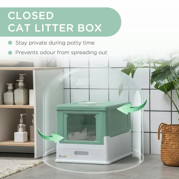 Green closed hooded cat litter box with side door opening to reduce odors