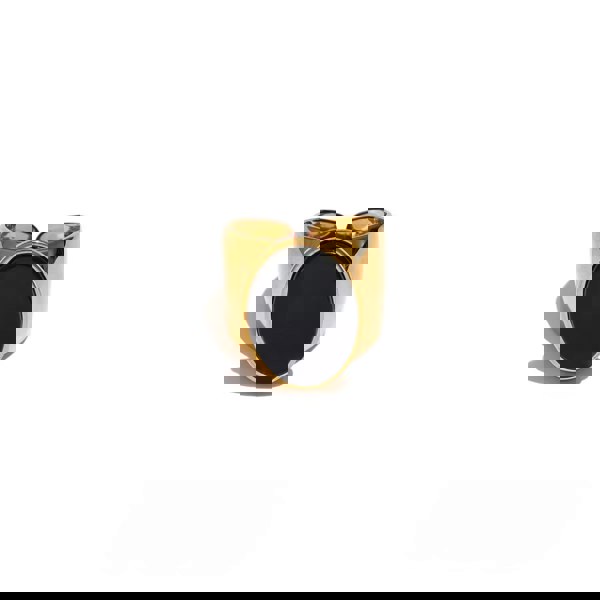 Gold ring with a black stone on a white background