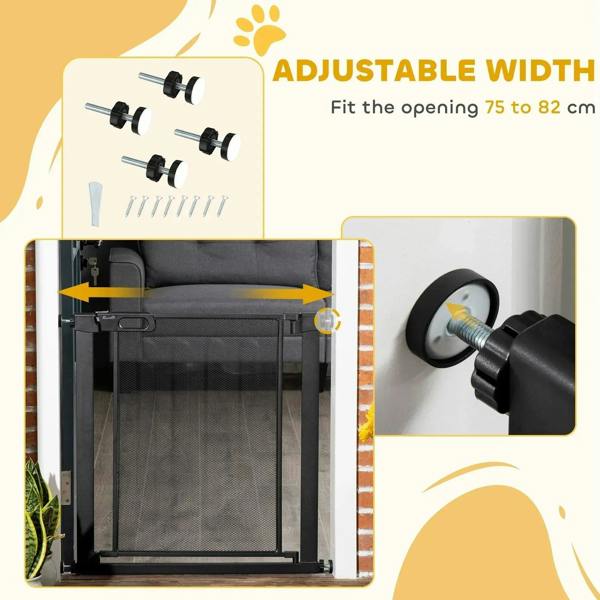 Black adjustable-width dog safety gate with mounting brackets and mesh panel