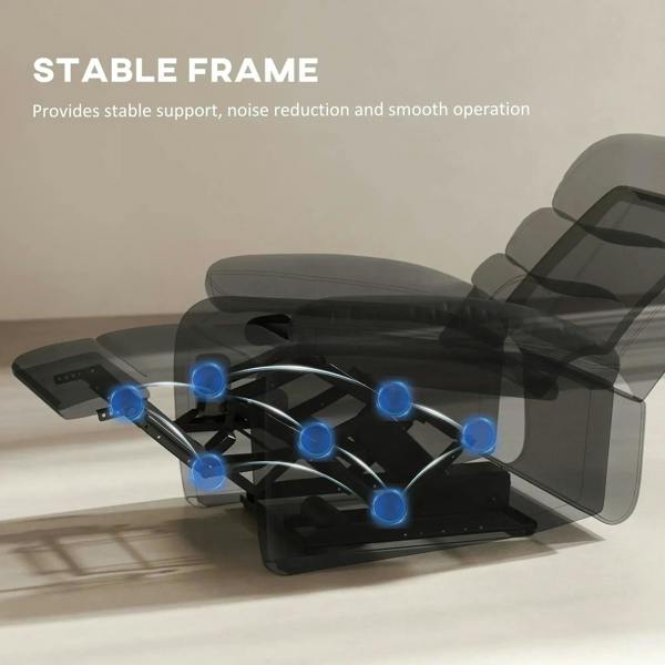 Black recliner chair with exposed base frame and reclining mechanism