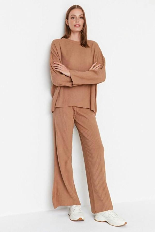WOVCOR 2-Piece Loose Fit Basic Ribbed Knit Top & Pants Set