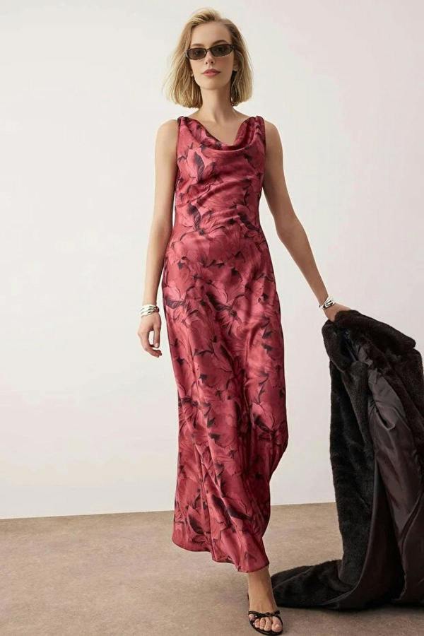 WOVCOR A-Line Cowl Neck Satin Maxi Elegant Dress