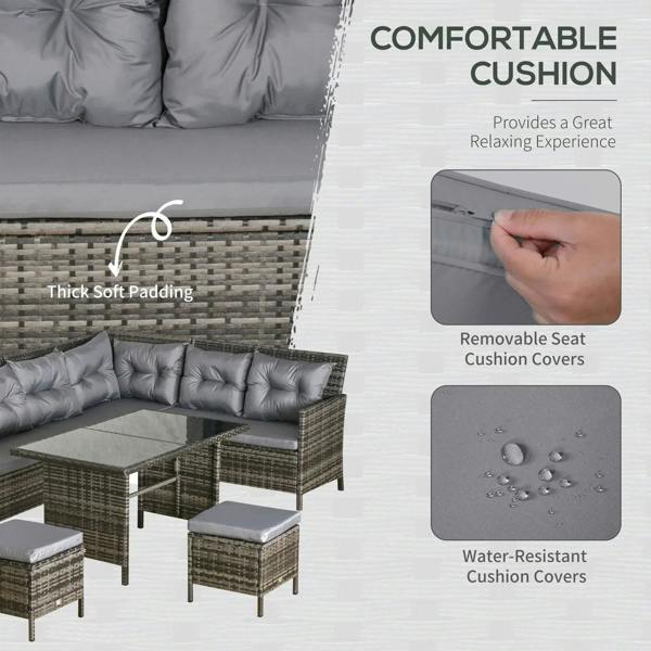 Grey tufted seat and back cushions on wicker corner sofa, with removable cover shown