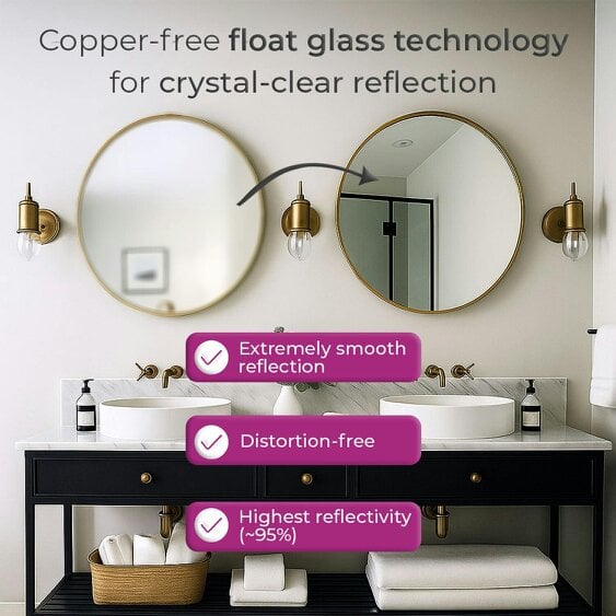 Neo 70cm Gold Round Metal Frame Wall Mirror Float Glass HD Reflection Anti-Rust Moisture-Proof Wall Mounted Bathroom Bedroom Hallway Living Room