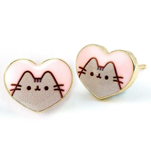 The Carat Shop Pusheen the Cat Pink Enamel and Gold Heart Stud Earrings