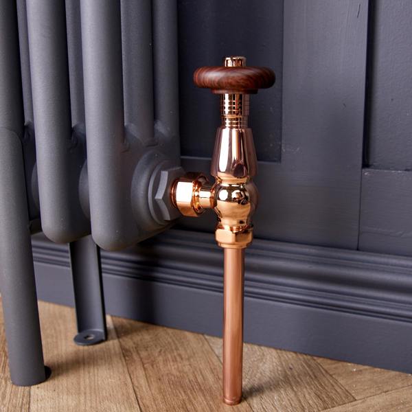 Flode Traditional Style Corner Wood Effect Head TRV & Lockshield | 15mm x 1/2" | Copper
