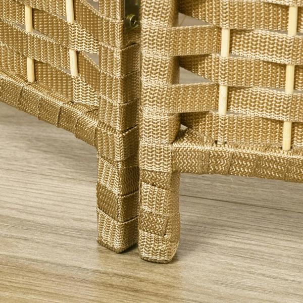 Bottom corner of freestanding privacy screen with woven panels and natural wood legs