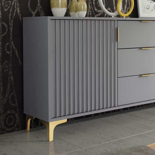 Mex Furniture Captivating Grey 140cm Sideboard with Ribbed Doors, 3 Drawers & Gold Accents