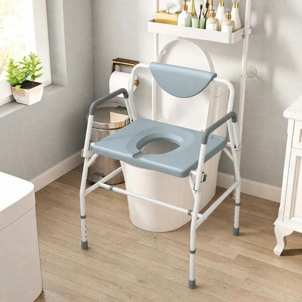 Height Adjustable Bedside Commode, Heavy Duty Commode Toilet Chair with Flip-Up Arms, White and Grey